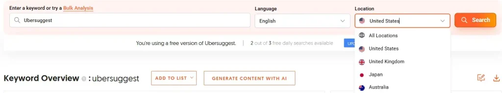 How to Use Ubersuggest for SEO and Skyrocket Blog Traffic Fast (Honest Review + Free Trial) 11 Ubersuggest Dashboard: drop-down list of countries
