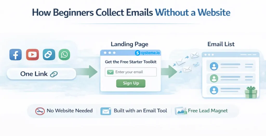 How beginners collect emails without website using a landing page and email marketing tool