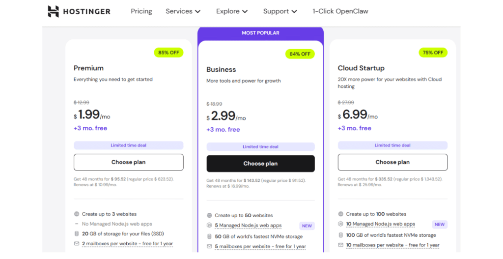 Hostinger pricing and Comparison