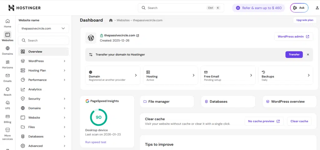 Hostinger Beginner friendly dashboard