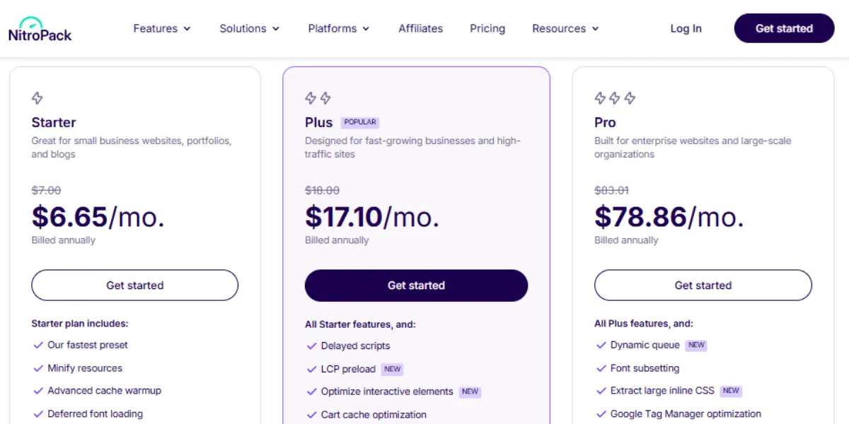 NitroPack pricing plans 2026 Starter Plus Pro