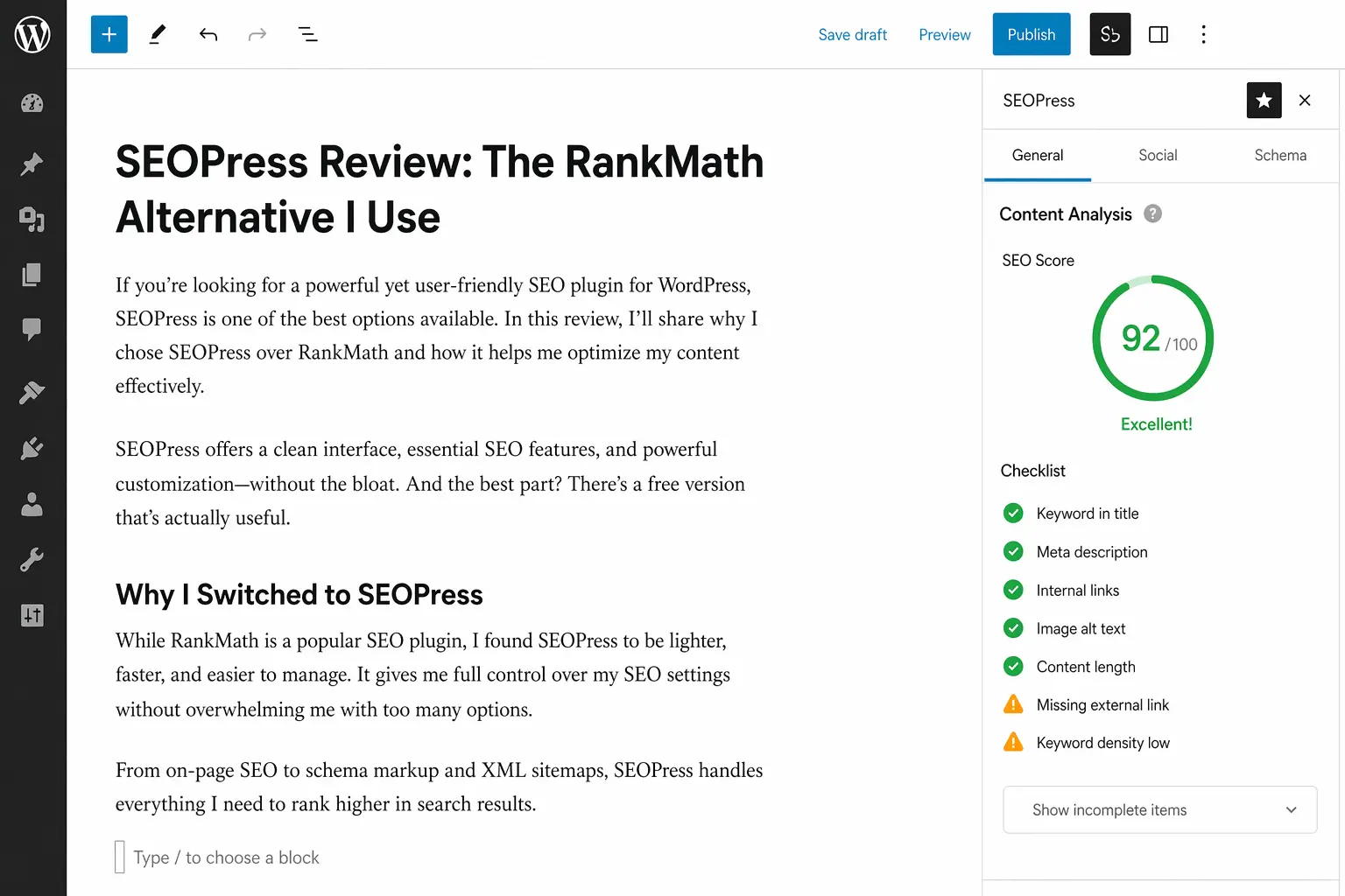 SEOPress review content analysis panel inside WordPress post editor