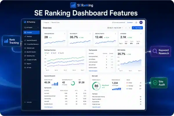 SE Ranking dashboard showing rank tracking keyword research and site audit features