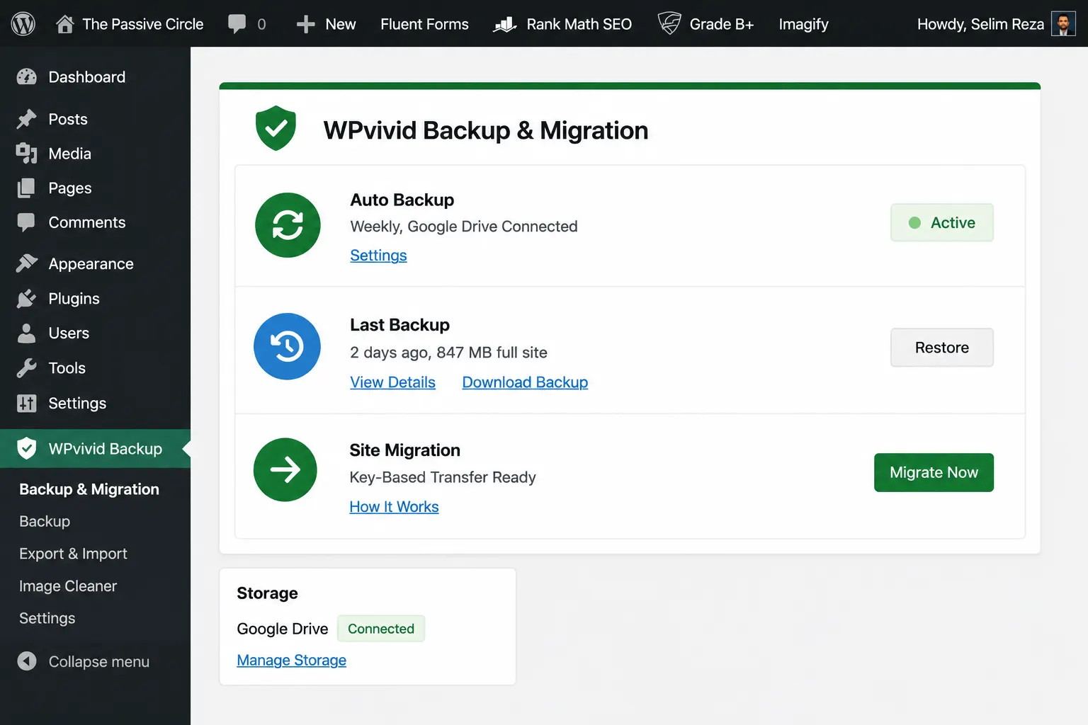 WPvivid dashboard showing backup restore and migration features for WordPress