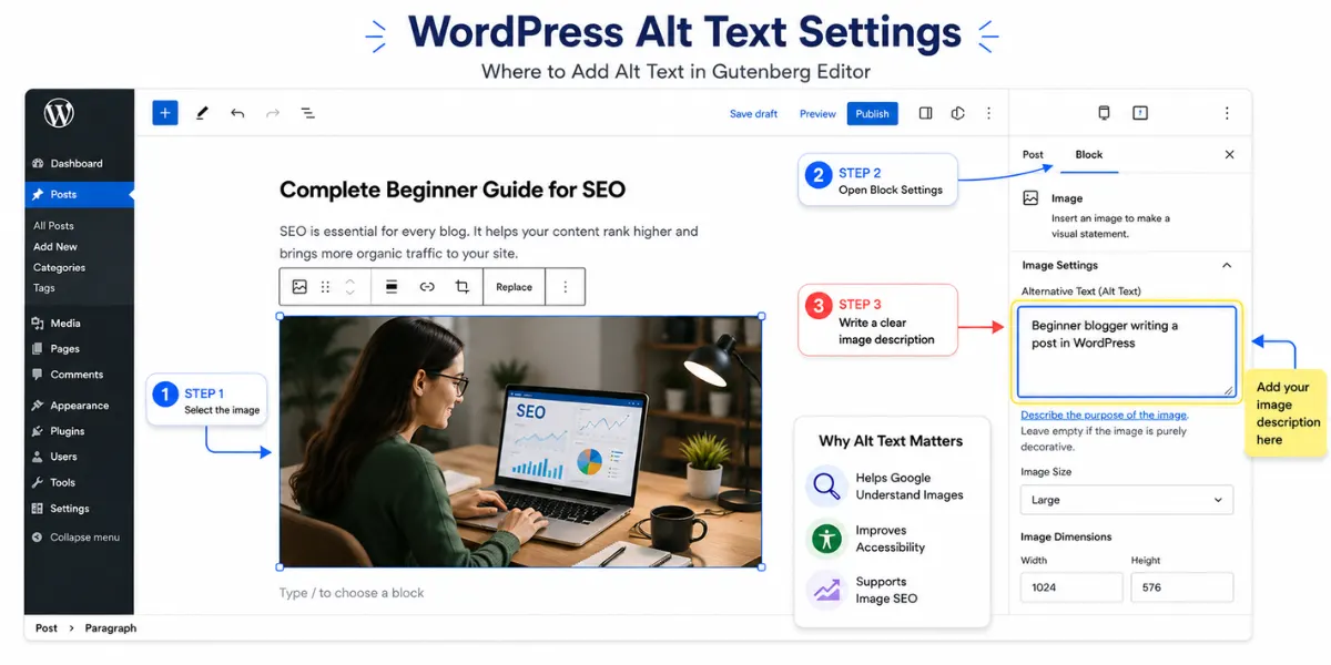 WordPress alt text box in block editor sidebar where to type image description