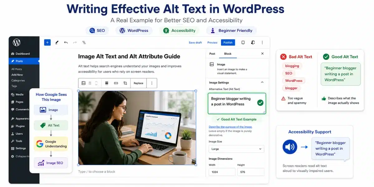 alt text example written inside WordPress block editor sidebar