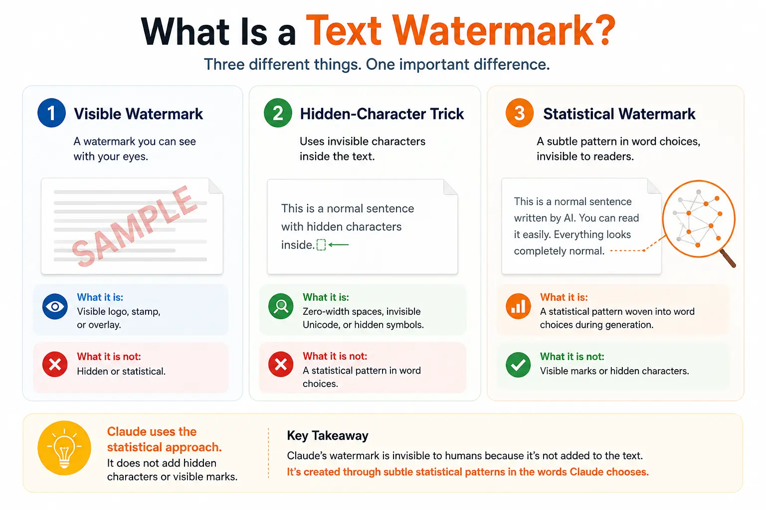 Comparison of visible watermarks, hidden characters, and statistical watermarks