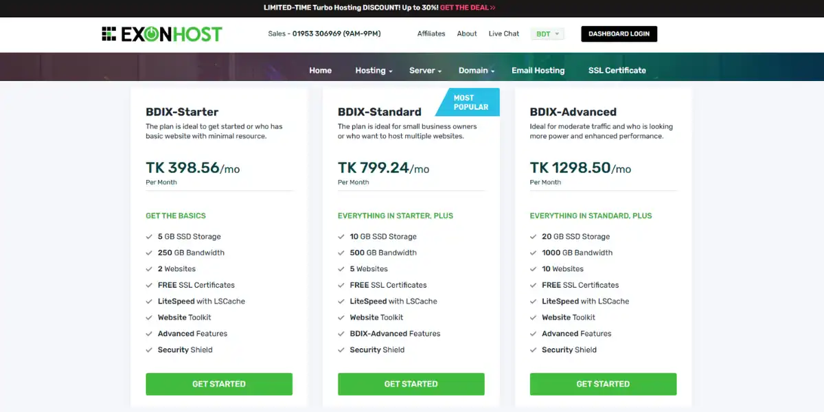 ExonHost BDIX hosting plans page showing Starter, Standard and Advanced plans with published limits