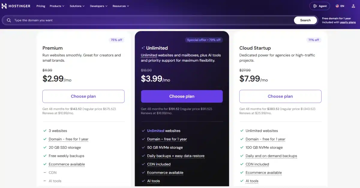 How Much Does Web Hosting Cost in 2026? Hosting Prices Explained Hostinger web hosting plans Premium, Unlimited and Cloud Startup with 48-month prices, September 2026