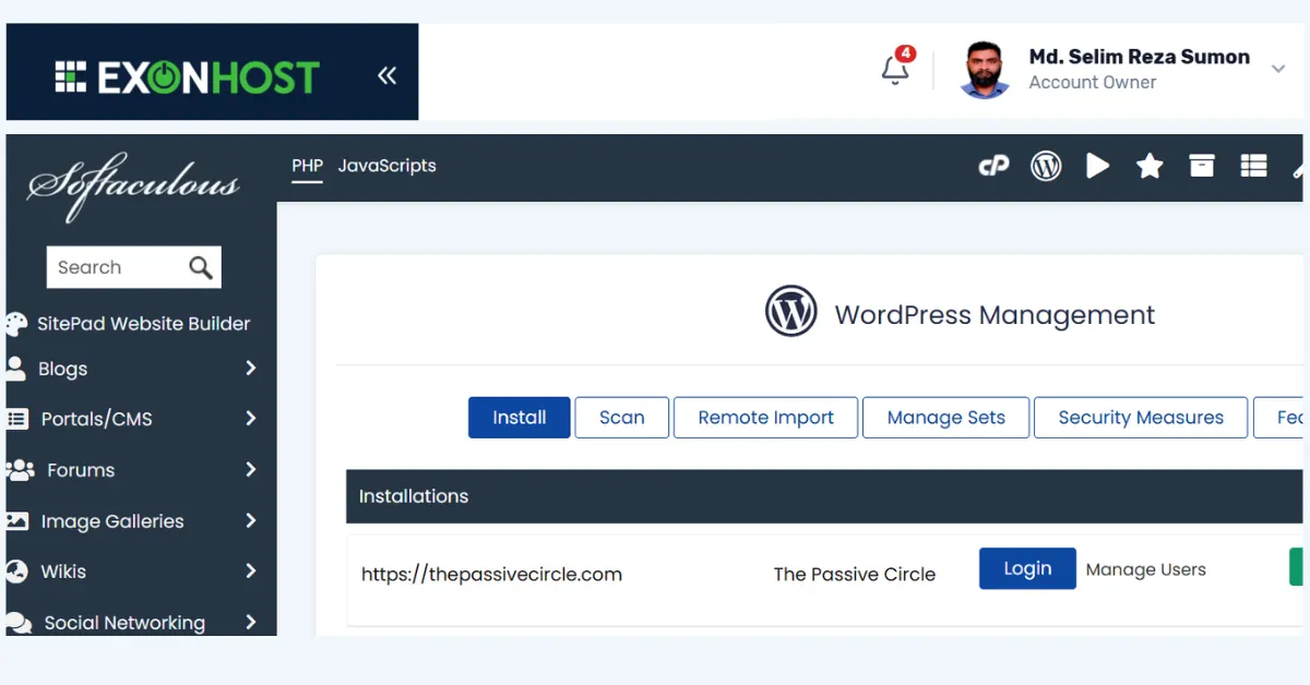 ExonHost Review 2026: Best Hosting for Fast & Reliable Websites in Bangladesh ExonHost WordPress management dashboard for The Passive Circle