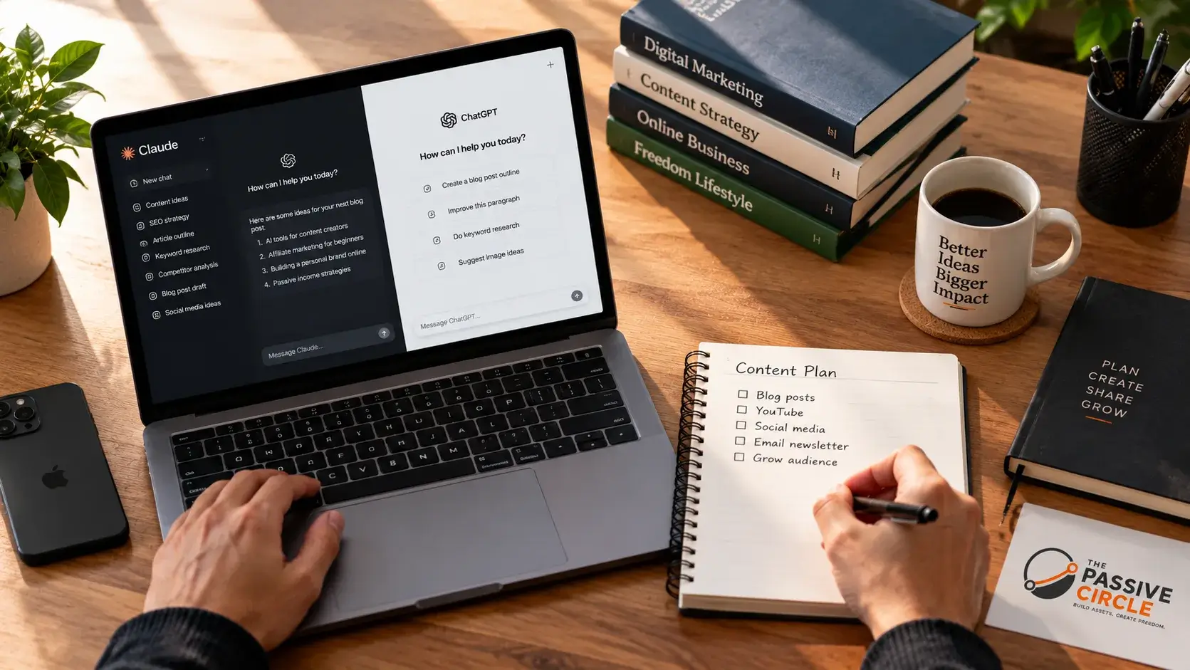 A person working at a desk using AI as one tool alongside notes and other resources