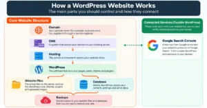 Diagram of a WordPress website ownership map from domain to backups