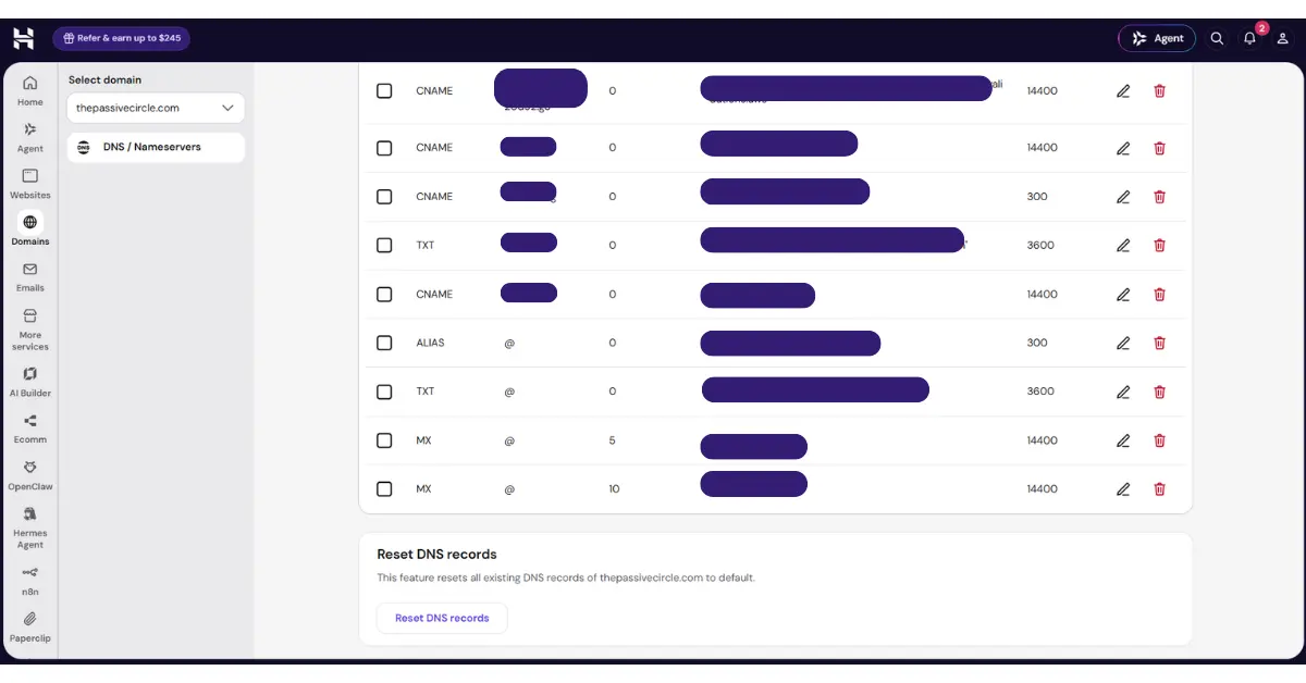 What Is DNS? A Simple Guide for WordPress Website Owners Example DNS records in Hostinger showing CNAME, TXT, ALIAS, and MX record types
